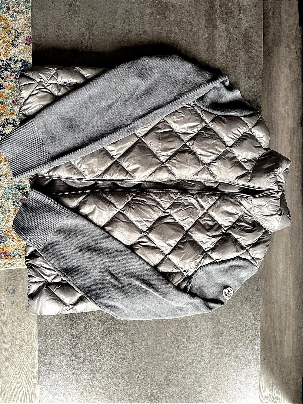 Moncler Quilted Down & Knit Cardigan Puffer Jacket Silver Size 2